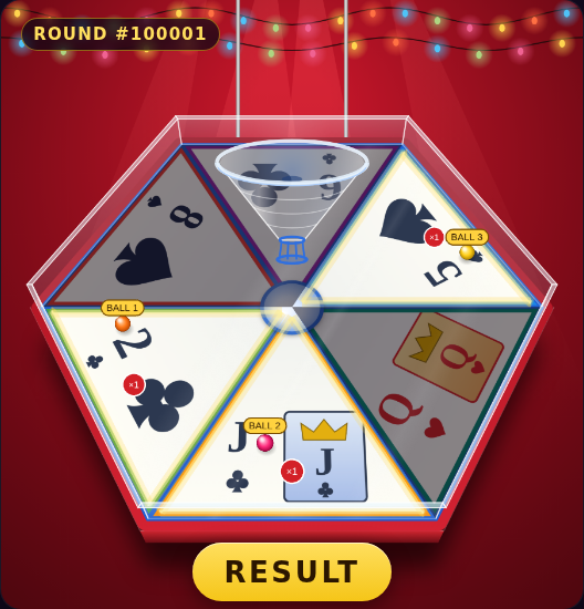 Drop Ball table: a hexagon of six playing-card wedges with three balls resting on their cards